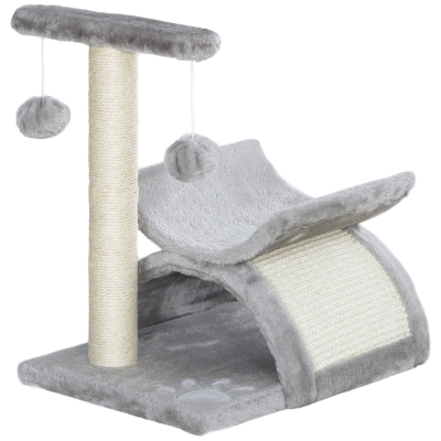 PawHut Árvore Arranhador para Gatos Pequena com Poste Giratório Bolas Suspensas Plataforma Curva e Esconderijo 40x30x43 cm Cinza