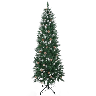 HOMCOM Árvore de Natal Artificial Nevada 180 cm com 508 Ramos 49 Pinhas Base Dobrável e Suporte de Aço Ø73x180 cm Verde e Branco