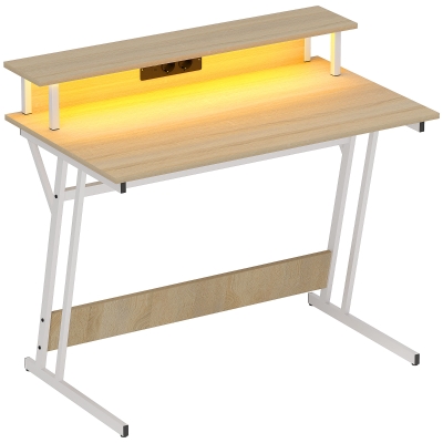 HOMCOM Secretária Gaming com Luzes LED 100x60x88,5 cm com Tomadas de Corrente Suporte para Monitor Prateleiras e Controlo Remoto Madeira