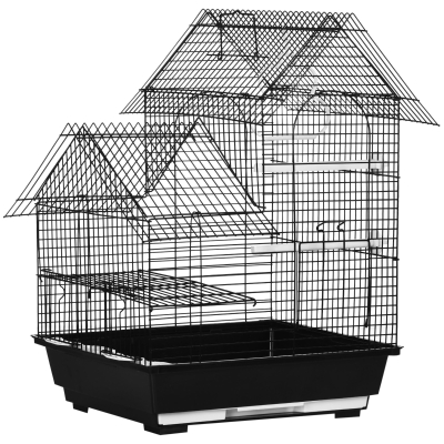 PawHut Gaiola para Pássaros 39x33x47cm com 3 Portas 2 Comedouros 2 Poleiros Baloiço Bandeja Amovível e Alça de Transporte Preto