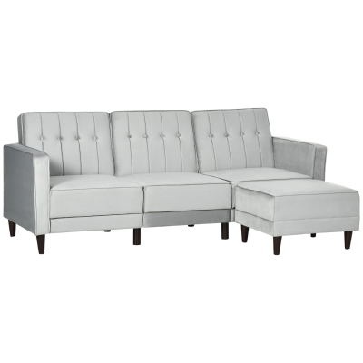 HOMCOM Sofá Cama com Chaise Longue 3 Lugares Tato Aveludado com Encosto Ajustável e Apoio para os Pés 218x85x86cm Cinza