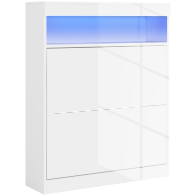 HOMCOM Móvel Sapateira de Entrada com Luzes LED Prateleira Aberta e 2 Gavetas Basculantes para 12-16 Pares 80x24x99,5 cm Branco Brilhante