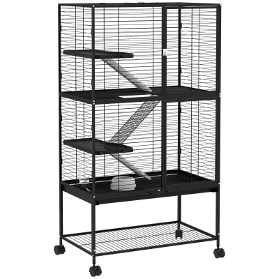 PawHut Gaiola para Animais Pequenos de 4 Níveis com Rodas Rampa Comedouro Bebedouro e Bandeja Removível 78×45,5×136 cm Preto