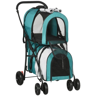 PawHut Carrinho Duplo para Cães Gatos Dobrável com 2 Transportadoras Portáteis Cinto de Segurança 66x50x98 cm Turquesa e Cinza