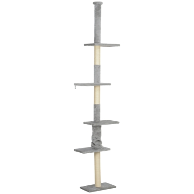PawHut Arranhador para Gatos do Chão ao Teto 225-275 cm Torre para Gatos com Múltiplas Plataformas Sistema Anti-Tombo Cinza