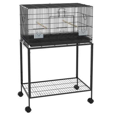 PawHut Gaiola para Pássaros com Rodas 77x46x119 cm Bandeja Amovível 2 Poleiros 2 Comedouros e Prateleira de Armazenamento Preto