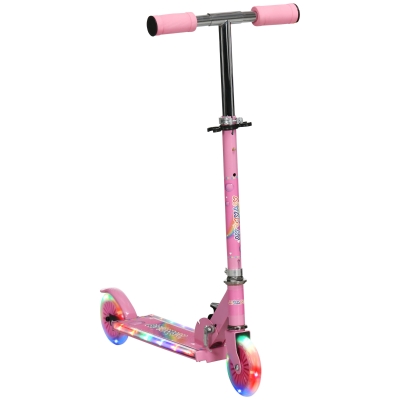 HOMCOM Trotinete para Crianças Dobrável com Luzes e Música 4 Alturas Ajustável Rodas Brilhantes e Pedal LED 67x32x65-78 cm Rosa