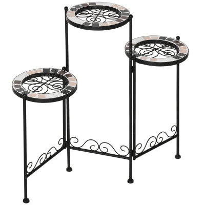 Outsunny Suporte de Metal para Plantas Dobrável Suporte para Flores com 3 Prateleiras com Bordas de Azulejo para Decoração de Interiores e Exteriores 60x22x65cm Preto