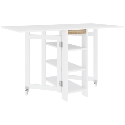HOMCOM Mesa Dobrável com Asas Dobráveis Mesa de Cozinha com 2 Rodas e Prateleiras Estilo Moderno 120x60x75 cm Branco