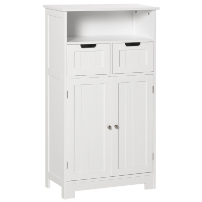 Kleanklin Armário de Casa de Banho com 2 Portas Prateleira Ajustável 2 Gavetas e Compartimento Aberto Móvel Auxiliar de Armazenamento para Sala de Estar Cozinha 60x30x108,8cm Branco