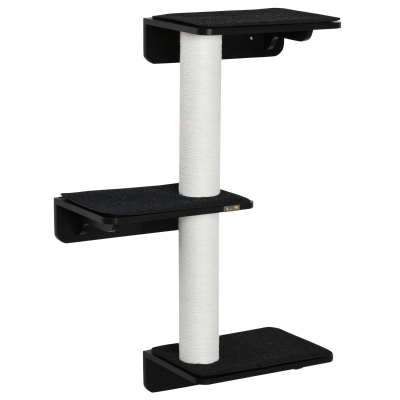 PawHut Árvore para Gatos de Parede com 3 Plataformas Almofada Removível e 2 Postes de Arranhar de Juta Torre para Escalar 63x28x93,5cm Preto e Bege