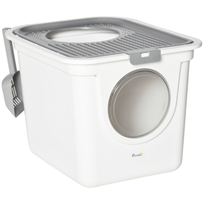 PawHut Caixa de Areia para Gatos com Pá Sanita para Animais de Estimação com 2 Portas 44x55x39 cm Branco e Cinza