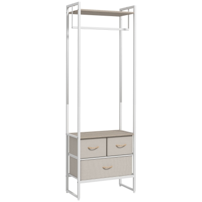 HOMCOM Suporte para Cabides com 3 Gavetas de Tecido Barra para Pendurar e Prateleira para Entrada Quarto 58,5x30x178 cm Natural