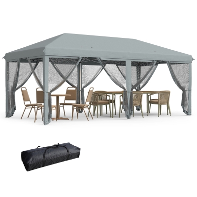 Outsunny Gazebo da Giardino Pieghevole 6x3 m con 6 Zanzariere e Pulsante, in Acciaio e Poliestere, Grigio