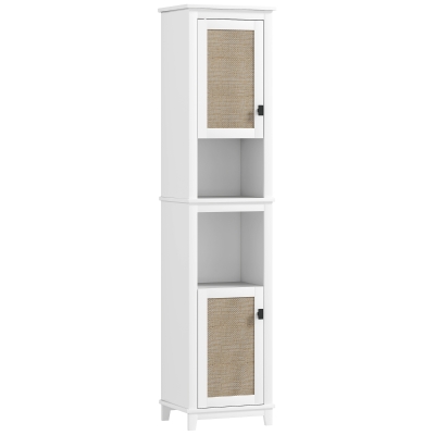 HOMCOM Coluna Casa de Banho com Prateleira Ajustável 2 Portas em Vime e 2 Compartimentos Estilo Boho 40x30x167,5 cm Branco