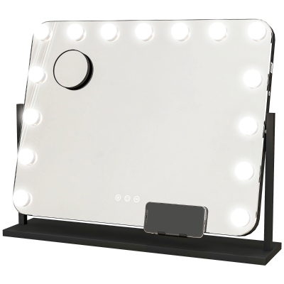 HOMCOM Espelho de Maquilhagem Estilo Hollywood com Luzes Espelho de Toucador Giratório com 14 Lâmpadas LED e Entrada USB 62,5x14x49,5 cm Preto