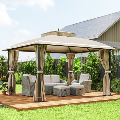 Outsunny Pérgola de Jardim 3,7x3 m com Telhado Duplo Cortinas Laterais e Mosquiteiras Resistente à Água e Anti-UV Bege