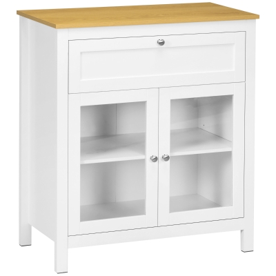 HOMCOM Aparador de Cozinha Moderno Móvel Buffet Auxiliar com Gaveta Prateleira Ajustável e 2 Portas de Vidro 80x40x90 cm Branco e Madeira