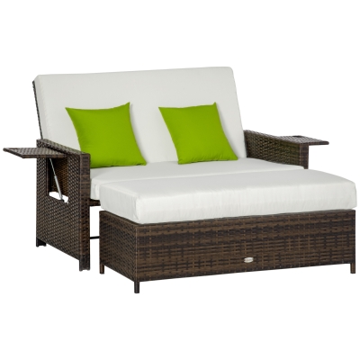 Outsunny Sofá de Vime de 2 Lugares com Mesas Laterais e Apoio para os Pés com Armazenamento Sofá de Jardim com Encosto Inclinável e Almofadas com Capas Removíveis 130x72x96cm Marrom e Bege