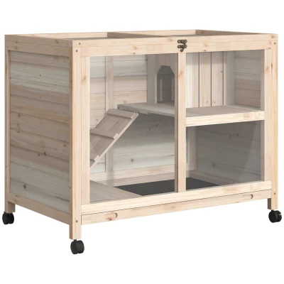 PawHut Coelheira de Madeira com Rodas 91,5×53,5x73cm Gaiola para Coelhos de 2 Níveis com Bandeja Amovível e Rampa Natural