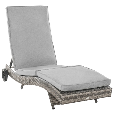 Outsunny Espreguiçadeira de Vime Reclinável Espreguiçadeira de Jardim com 2 Rodas Encosto Ajustável em 5 Posições 207x70x70 cm Cinza