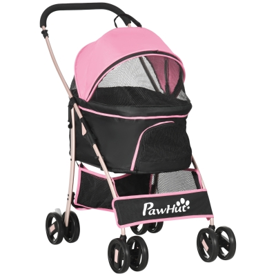 PawHut Carrinho para Animais de Estimação 3 em 1 Dobrável com Bolsa de Transporte Cesta de Armazenamento e Travão 82x49,5x98 cm Rosa
