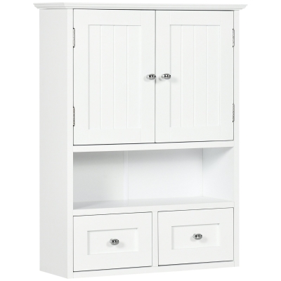 kleankin Armário de Parede para Casa de Banho com 2 Portas Prateleira Aberta e 2 Gavetas Estilo Moderno 50,8x17,8x66 cm Branco