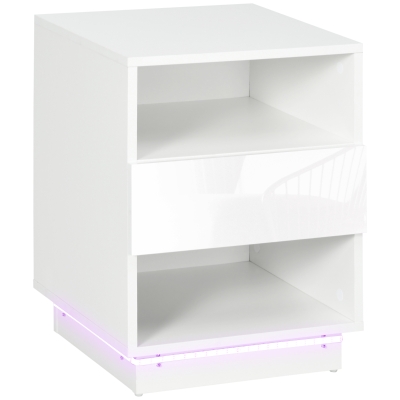 HOMCOM Mesa de Cabeceira Moderna com Luz LED Controlo Remoto Gaveta de Alto Brilho e 2 Prateleiras 40x40x55 cm Branco