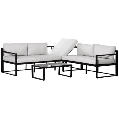Outsunny Conjunto de Móveis de Jardim 3 Peças de Alumínio com Mesa de Vidro Sofá de 2 Lugares e Sofá de 3 Lugares com Encosto Ajustável e Almofadas Removíveis 212x70x64cm Preto e Cinza