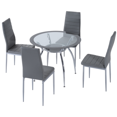 HOMCOM Conjunto de Refeição Mesa e 4 Cadeiras Conjunto de 5 peças Mesa Redonda de Vidro Temperado Ø90x75 cm e 4 Cadeiras 42x52x96 cm Cinza