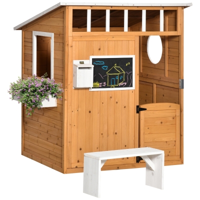 Outsunny Casa Infantil de Madeira Casa de Brincar para Crianças acima de 3 Anos com Banco Caixa de Correio Lousa Janelas e Portas para Exterior 122x108x135,5cm Natural