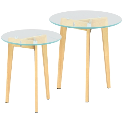 HOMCOM Conjunto de 2 Mesas de Apoio Modernas com Bancada de Vidro Temperado e Estrutura Metálica Ø50x45 cm e Ø40x40 cm Transparente