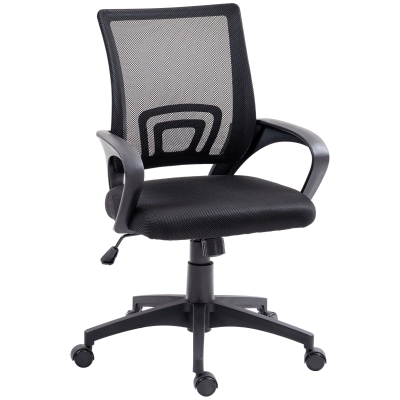 HOMCOM Cadeira de Escritório de Malha Giratória com Altura Ajustável Função Basculante e Apoio para os Braços 57x55x89-109 cm Preto