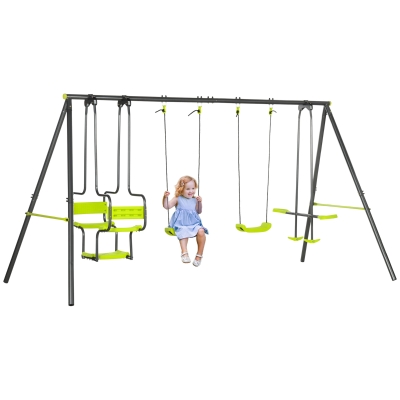 Outsunny Conjunto de Baloiços Infantil com 2 Baloiços Baloiço Duplo e Estrutura de Aço para Crianças de 3-8 Anos 355x184x186 cm Verde
