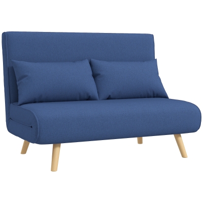 HOMCOM Sofá Cama de 2 Lugares Dobrável Estofado em Linho com Encosto Ajustável em 5 Posições e 2 Almofadas 120x75x85 cm Azul Escuro