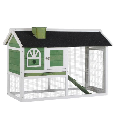 PawHut Coelheira de Madeira 120x60x79 cm Coelheira com Teto Asfáltico Bandeja Removível Escada e Chaminé para Exterior Verde