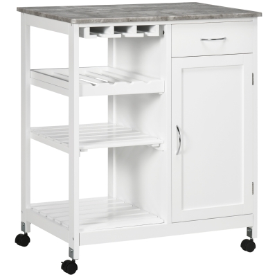 HOMCOM Carrinho de Cozinha com Rodas 1 Gaveta Prateleiras Suporte para 4 Garrafas e Armário Carga 40kg 76x48x88cm Branco e Cinza