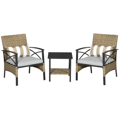 Outsunny Conjunto de Poltronas e Mesa de Centro de Vime com Almofadas Acolchoadas e Estrutura de Aço 46x46x48cm e 59x71x80cm Marrom Claro