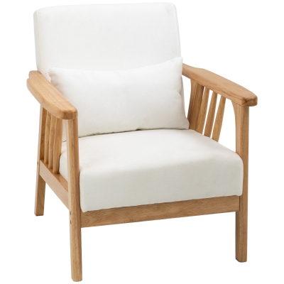 HOMCOM Poltrona de Estilo Nórdico Estofado em Veludo com Almofada e Pés de Madeira de Borracha 68x75x78 cm Creme e Madeira