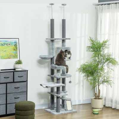 PawHut Arranhador para Gatos de Solo ao Teto com Altura Ajustável Rampa e Bolas de Brincar 60x48x225-255 cm Cinza