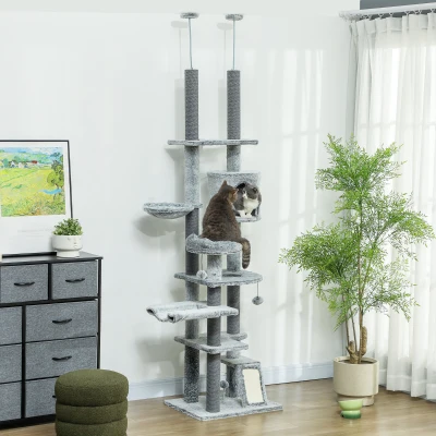 PawHut Arranhador para Gatos de Solo ao Teto com Altura Ajustável Rampa e Bolas de Brincar 60x48x225-255 cm Cinza