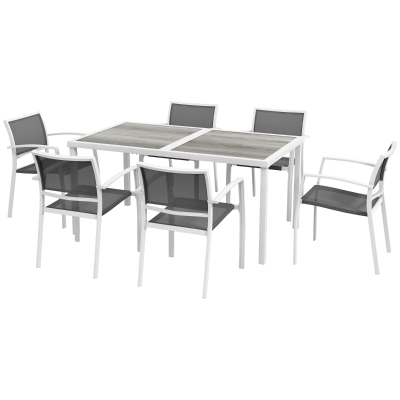 Outsunny Conjunto de Refeição de Jardim de 7 Peças com 1 Mesa e 6 Cadeiras Empilháveis Estilo Moderno Branco e Cinza