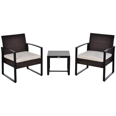 Outsunny Conjunto de Móveis de Jardim de Vime 3 Peças com 1 Mesa 42,5x40x39 cm 2 Poltronas 63x57x76 cm Almofada Acolchoada para Pátio Varanda Marrom