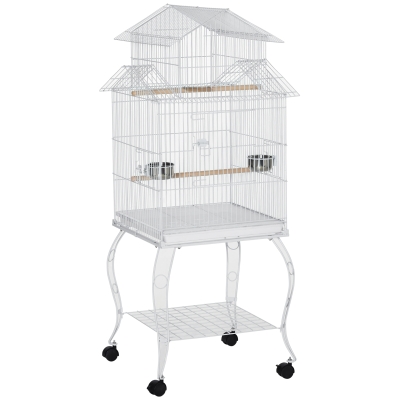 PawHut Gaiola para Pássaros com Rodas Bandeja Amovível Portas Comedouro Poleiro e Prateleira Inferior 50x49x137cm Branco