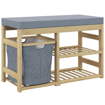 HOMCOM Banco para Sapatos de Bambu Móvel Sapateira com Assento Cesta Amovível e Prateleiras Abertas para 4 Pares de Sapatos 69x30x45 cm Madeira