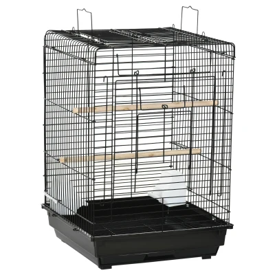 PawHut Gaiola para Pássaros com Teto Abatível 2 Poleiros 2 Comedouros e Bandeja Amovível para Canários Periquitos 40x40x59 cm Preto