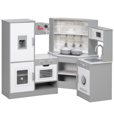 AIYAPLAY Cozinha de Madeira para Crianças com Sons Forno Lavatório Micro-Ondas Máquina de Gelo e Acessórios 110x80x91 cm Cinza