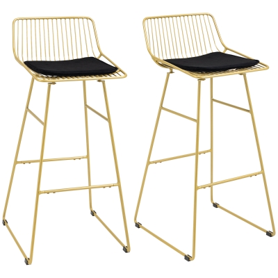 HOMCOM Conjunto de Bancos Altos de Cozinha com Encosto Almofada e Estrutura de Aço Carga 120 kg  44,5x48x94,6 cm  Dourado