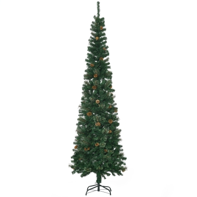 HOMCOM Árvore de Natal Artificial 225 cm Árvore de Natal com 706 Ramos Árvore de Natal Slim com 56 Pinhas Base Dobrável Ø58x225 cm Verde