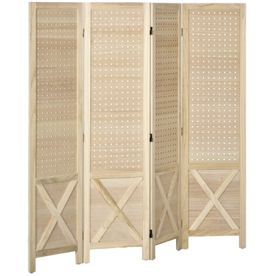 HOMCOM Biombo de 4 Painéis Separador de Ambientes Dobrável 152x1,7x144,5 cm Painéis com Orifícios para Pendurar Madeira